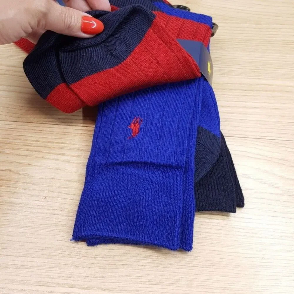 POLO RALPH LAUREN Crew Dress Socks Mens Red Blue 3-Pack Ribbed Knit Pony Logo